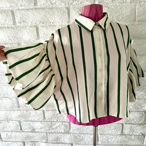 Elegant Milk & Honey Striped Button Down Blouse Puffy Sleeves - Picture 8 of 9